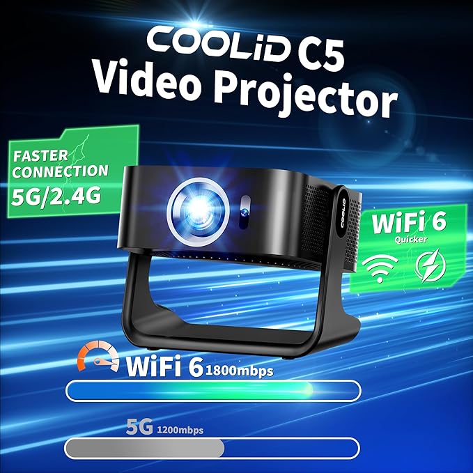 [Compatible with Netflix & Support 4K] 1080P HD Mini Projector Dual Band WiFi6 5G and BT 5.4 Auto Focus & Obstacle Avoidance Portable Outdoor Projector, 270° Adjustable Stand for Home Movie - Black