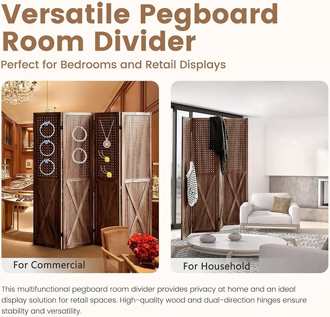 ALeesing 4 Panel Pegboard Wood Room Divider, 5.6Ft Pegboard Display Folding Privacy Screens, Peg Board Display Freestanding for Trade Show Craft Show Home Wall Organizer, Retro Brown