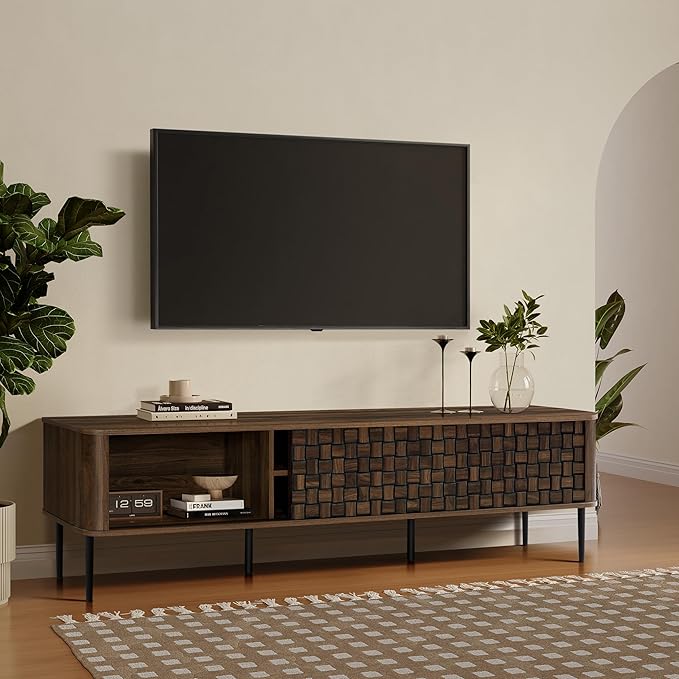 LuxenHome TV Stand for Living Room up to 80'' TVs, 71" Mid Century Modern Dark Oak Finish Wood with Basket Weave Design Entertainment Center with Storage, Media Console TV Console Cabinet for Entryway