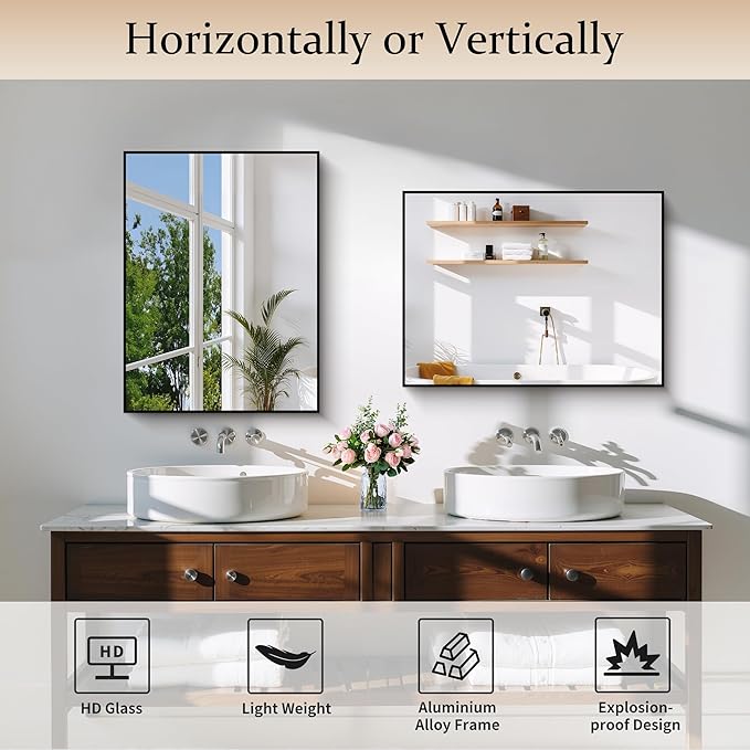 Black Bathroom Mirror for Wall, 18x24 Inch Rectangle Mirror with Metal Frame, Modern Vanity Mirrors for Bathroom Living Room, Entryway Hangs Horizontal or Vertical