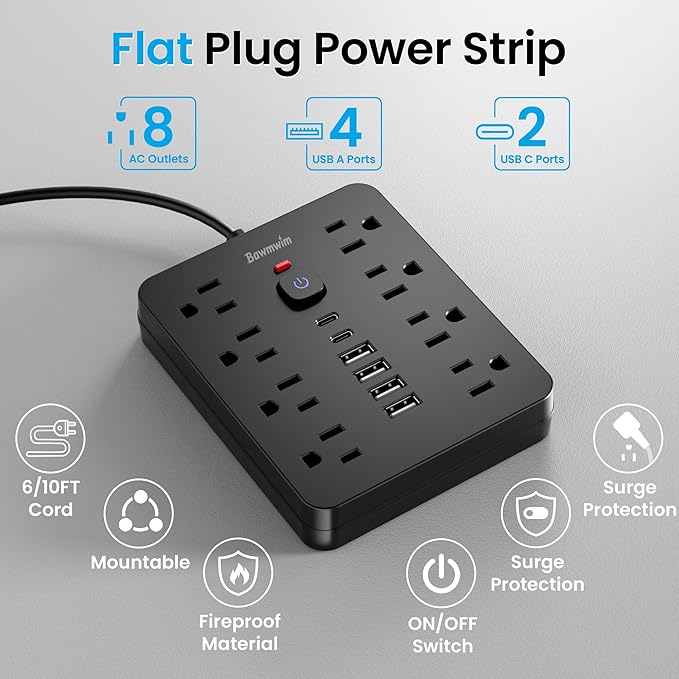 Bawmwim Surge Protector Power Strip, 8 Outlets(1250W/10A), 6 USB Charging Ports(2 USB C), 6FT Flat Plug Extension Cord Outlet Extender with Overload Protection, ETL Certified for Office, Dorm Room
