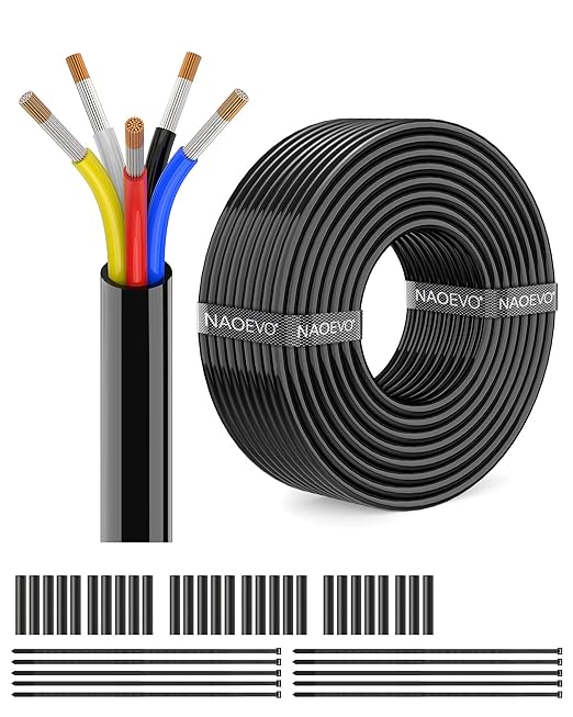 NAOEVO 14 Gauge Wire 5 Conductor Electrical Wire, 14 AWG Stranded PVC Cord, 12V Low Voltage/Tinned Copper/Flexible Cable for Automotive Wiring, Lamp Cord, Marine Cable (50FT)