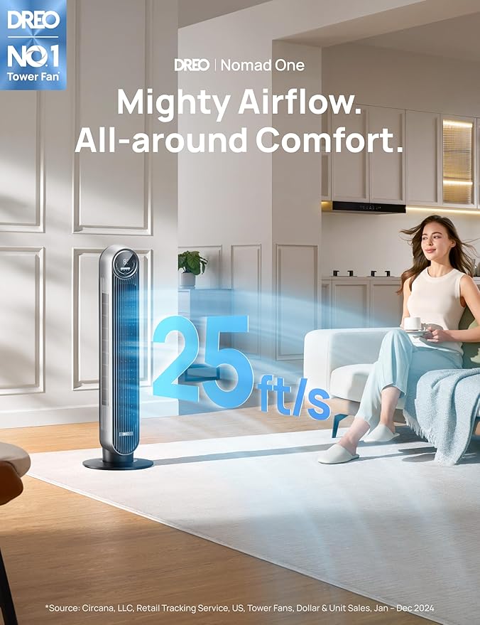 Dreo Tower Fan for Bedroom, 25ft/s Velocity Quiet Floor Fan, 90° Oscillating Fans for Indoors with 4 Speeds, 4 Modes, 8H Timer, Bladeless Fan, Standing Fans, Silver, Nomad One (DR-HTF007)
