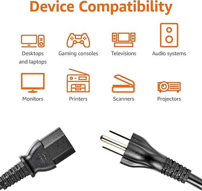 Amazon Basics PC Power Cord, 10 feet, 5-Pack, AC Power Cord for Monitor, Computer, TV, 3 Prong, 18 AWG, 125 Volts, Black