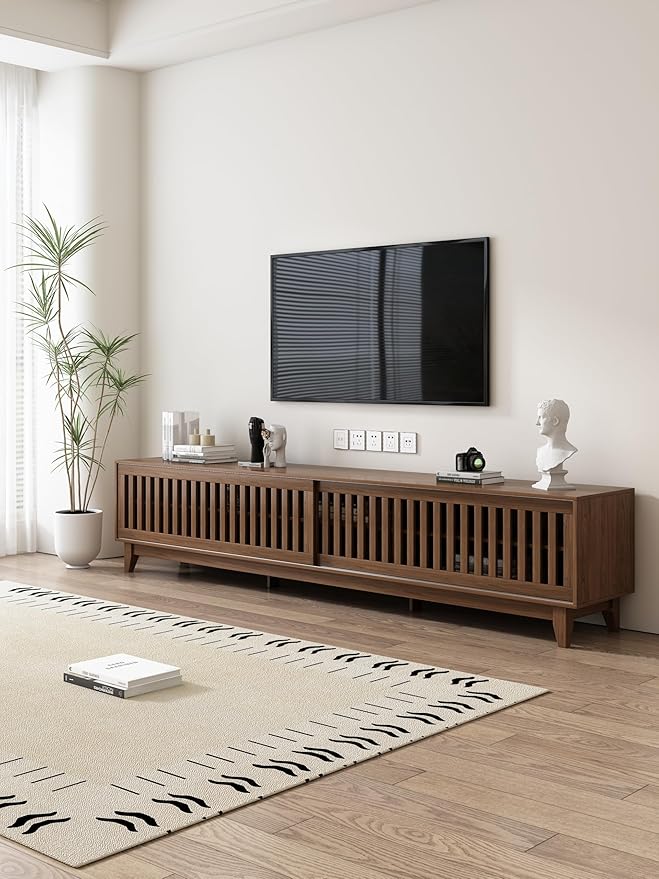 Lumisphere 94.48 Inch Modern Tv StandEntertainment Center with Sliding Doors.Storage Compartments, Living Room Cabinet Walnut