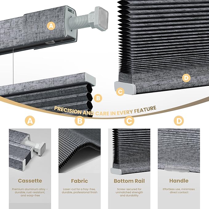 Boolegon No Drill No Tools Cellular Shades Top Down Bottom Up Honeycomb Blinds Blackout Cordless Cellular Shades Easy to Install Blinds for Windows,Custom Size,Blackout Blue Gray