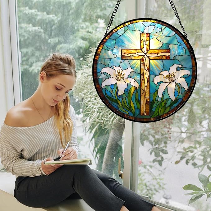 DASTOLL Christian Gifts for Women - Cross Stained Glass Window Hanging Jesus Easter White Lily Flower Sun Catcher Garden Religion Decor Mother's Day Catholic Gift for Men Grandma Mom Her Nana 15"