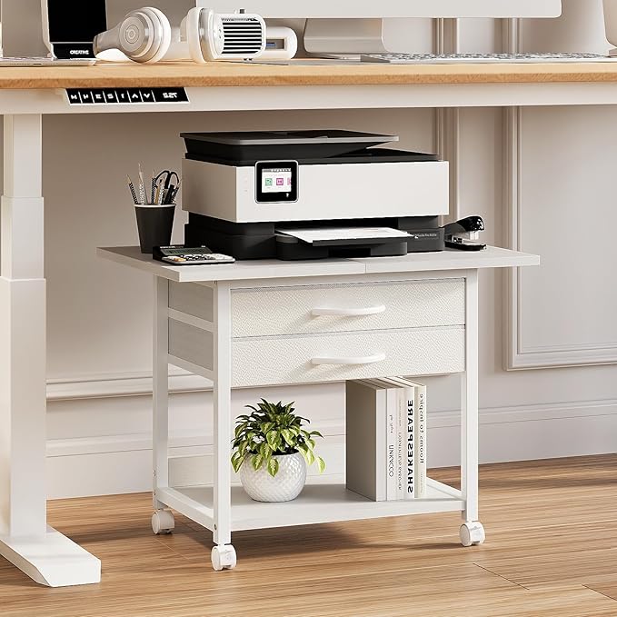 VENNQD Large Printer Stand with Storage Fabric Drawer Under Desk Printer Table with Wheels for Home Office, Printer Cart fit Fax Machine Scanner 23.4"x15.7" (White, 2 Tiers)