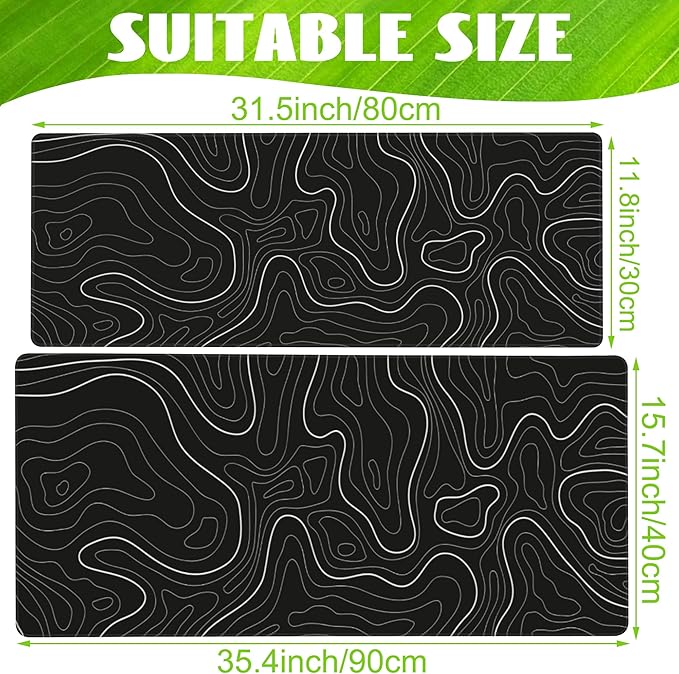 Eflxamz Desk Mat,Black Topographic Contour Map Desk Pad,Topographic Contour Large Gaming Mouse Pad for Desk,Extended Big Computer Keyboard Mouse Pad with Non-Slip Base and Stitched Edge,35.4"x15.7"