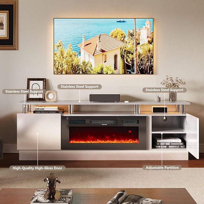 oneinmil 36" Electric Fireplace Integrated TV Stand - 70" 2-Tier Console for TVs up to 80", Ideal for Living Room Settings, Gray