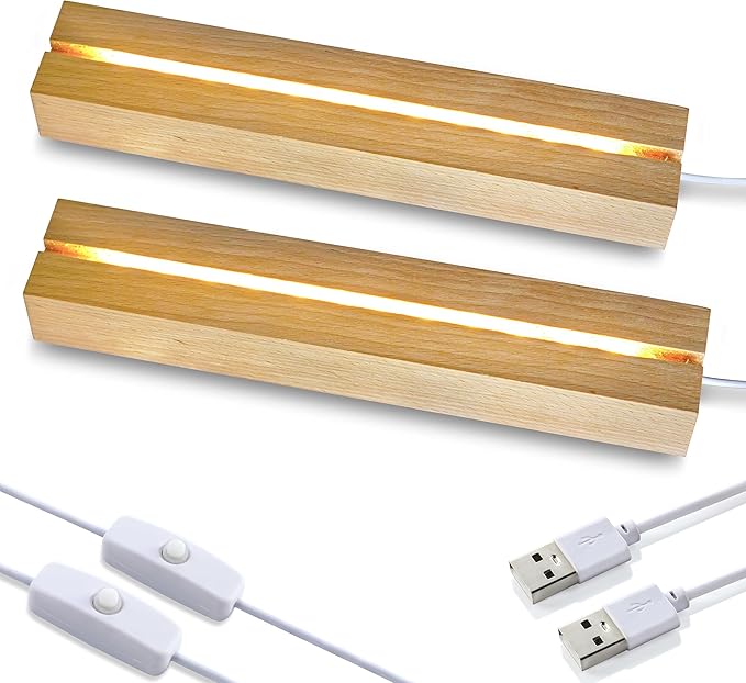 ZEERSHEE 2 Pcs 9.4 Inch Wooden Rectangle LED Light Display Pedestal for Acrylic and Plexiglass Crystal Glass Resin Night LED Light Lamp Base with USB Switch(Warm Light)