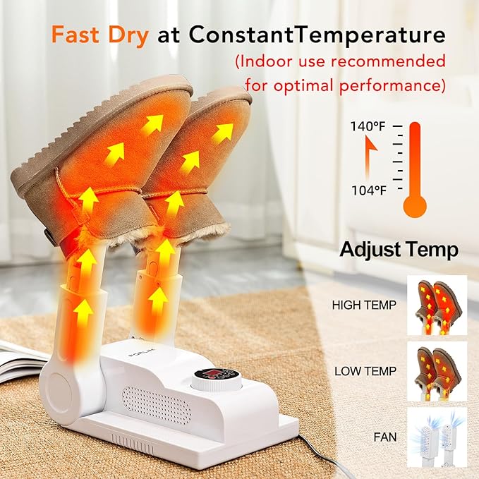 FORLIM [Upgraded Temperature Control] Shoe & Boot Dryer for Work Boots with 24-Hour Delay Timer, Portable Glove Dryer, Boot Warmer, Automatic Shut-Off Timer, Folding Design, Smart Panel, White