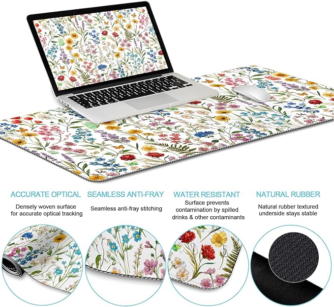 LIMKRIAN Floral Mouse Pad Set Large Desk Mat for Desktop, Ergonomic Mouse Pad with Gel Wrist Rest for Gaming, Computer Keyboard Mat Wrist Support Cup Coaster Set, Women Office Desk Accessories Decor