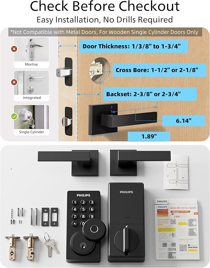 Philips WiFi Keypad Door Lock with Handle, Built-in WiFi, APP Remote Control, Voice & Fingerprint Unlock, Smart Locks for Front Door with Auto Lock, Digital Front Door Lock Set, Keyless Entry Deadbolt