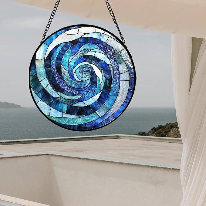 CRISGIF Stained Glass Window Hanging - Blue Abstract Swirl Suncatcher for Doors Garden Patio Unique Sun Catchers Decor Christmas Mother's Day Birthday Gifts for Women Men Mom Nana Friend 9.8 in