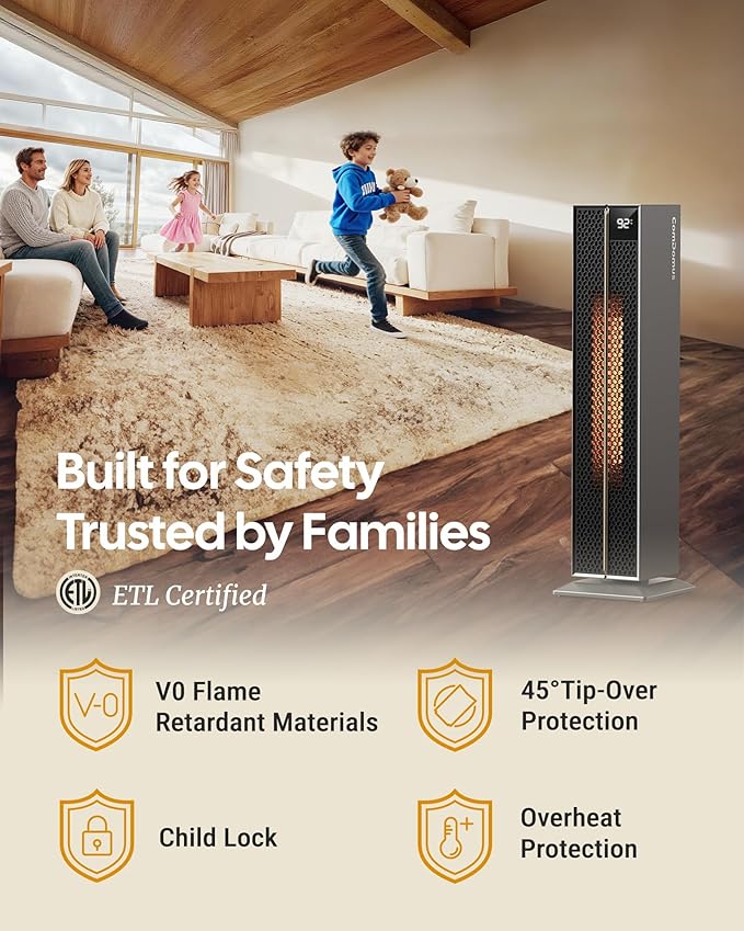 ComDomus Electric Heaters for Indoor Use, 32” Space Heater Large Room with Remote, 120° Oscillation, 5 Heat Levels, 3 Modes, Multiple Safety Protections, 1500W Ceramic Tower Heater for Bedroom, Silver