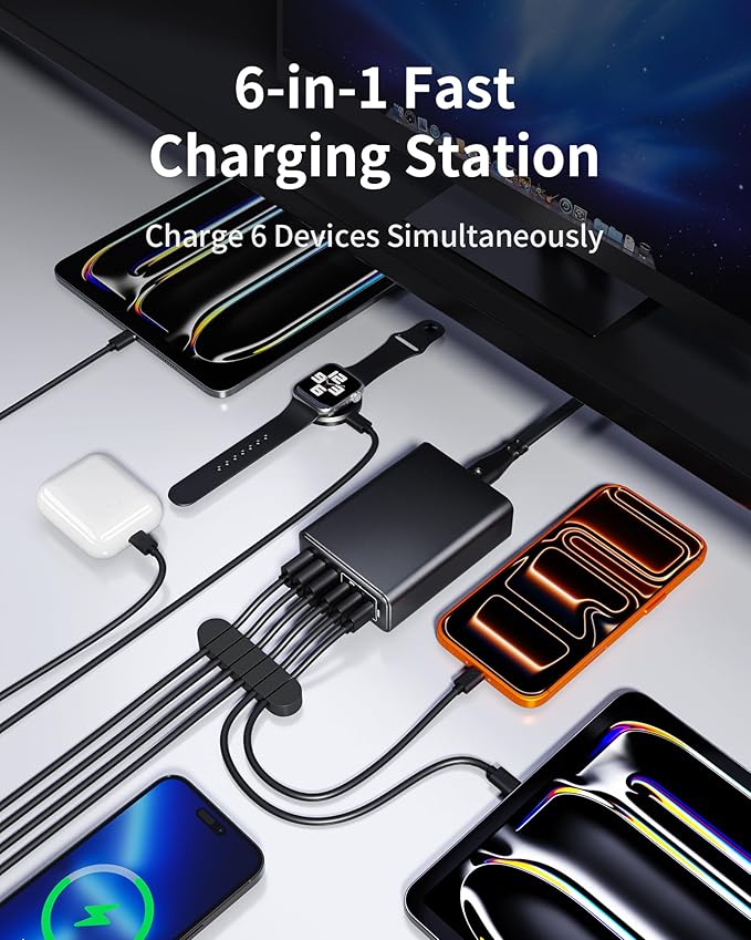 USB C Fast Charger, 105W GaN 6-Port Desktop USB Charging Station Hub, USB C Charger Block Wall Charger for iPhone 17/16/15/14/13/12/11, iPad, Samsung and More (Cable Organizer Included)