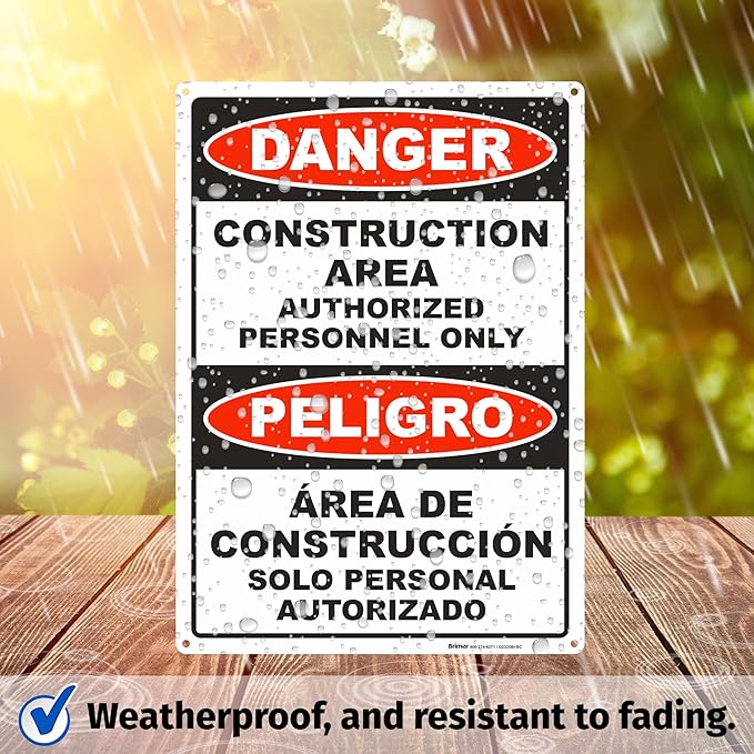 Brimar - 10" x 14" - Bilingual Danger Construction Area Authorized Only Sign - .040″ Rust-Free Aluminum - Bold Text - Easy Installation