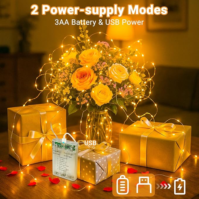 litogo 3 Pack Fairy Lights Battery Operated with Timer, 33FT 100LED Twinkle String Lights USB-C Powered 8 Modes Dimmable for Indoor Bedroom Centerpiece Wedding Classroom Dorm Christmas Decorations