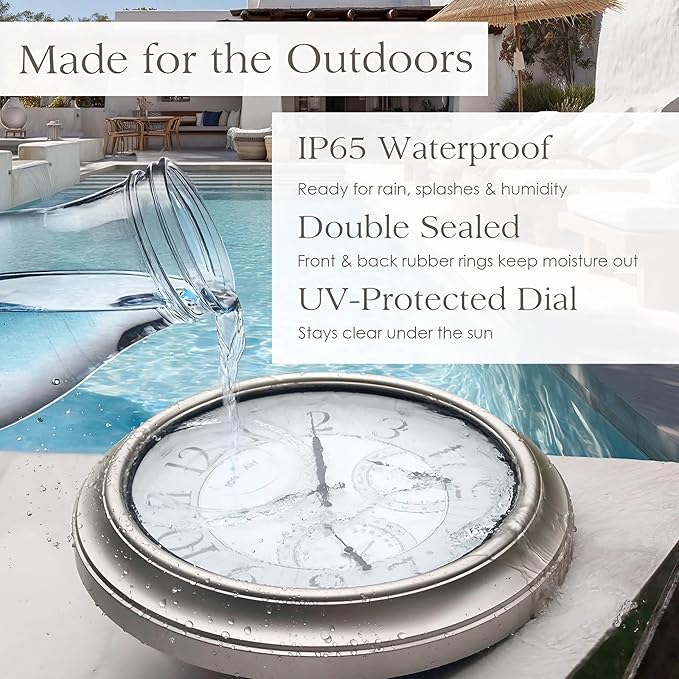 FOUNTAIN DESIGNS 18 Inch Illuminated in/Outdoor Clock with Smart Sensor and Night Light, Waterproof, Large Wall Clock with Thermometer & Hygrometer for Patio,Pool and Garden Decor,Oil Rubbed Bronze