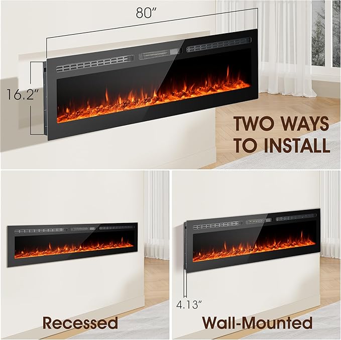 60 inch Ultra-Thin Electric Fireplace Recessed and Wall Mounted with Touch Screen Control Panel/Remote Control- Timer,Realistic 5 Flame - Log & Crystal Hearth Options