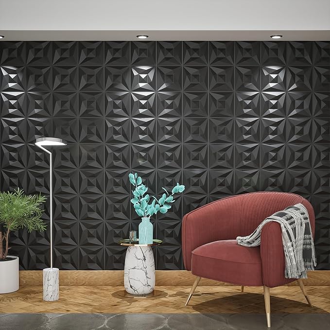 Greymond Black PVC 3D Wall Panels, 33 Pack 11.8''x11.8''Geometric Design for Modern Home Decor Upgrade, Textured Tile Decorative & Paintable for Living Room Lobby Bedroom Hotel Office
