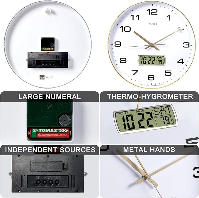 TIMESS Wall Clock, 14" Large Dial Non-Ticking Silent Battery Operated Analog with LCD Display for Perpetual Calendar and F° Temperature, Ideal Modern Home, Bedroom, Office Decor (Gold)