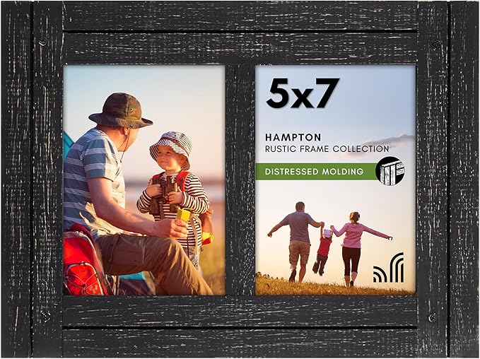 Americanflat Hinged 5x7 Double Picture Frame with 2 Photo Openings and Polished Glass - Distressed Wood Collage Picture Frames for Tabletop and Wall Display - Hampton Collection - Charcoal Black