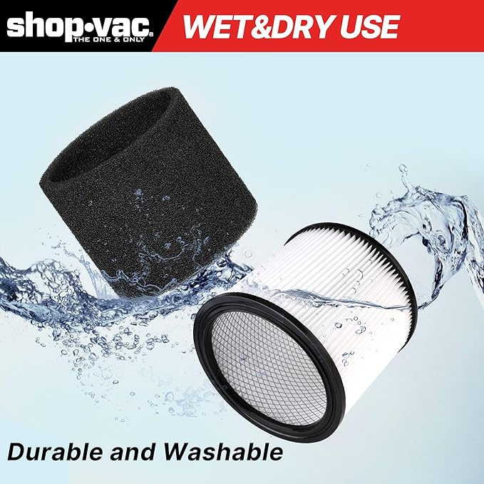 Shop-Vac 90304 Cartridge Filter and 90585 Foam Sleeve Filter, for Most Shop-Vac Wet/Dry Vacuum Cleaners 5 Gallon and Above, Brush Tool Included, Replace Parts # 9058500,9030400,9034400, 3 Pieces