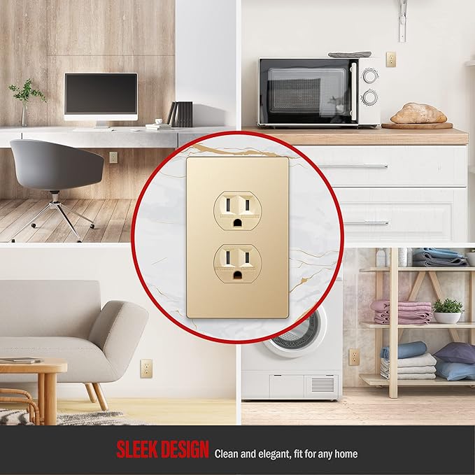 ENERLITES Elite Series Duplex Outlet Receptacle Cover, Screwless Wall Plate, Standard Size, 1-Gang 4.68" x 2.93", Unbreakable Polycarbonate Thermoplastic, UL Listed, SI8821-GD-5PCS, Gold, 5 pack