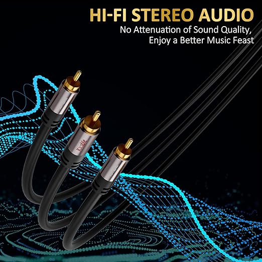 Kxable RCA Y-Adapter Splitter Cable 50 Feet, 1 RCA Male to 2 RCA Male Stereo Audio Subwoofer Cable, Bi-Directional, for Home Theater, Hi-Fi System, Amplifier, Speaker, 24K Gold Plated, OD:5.0MM