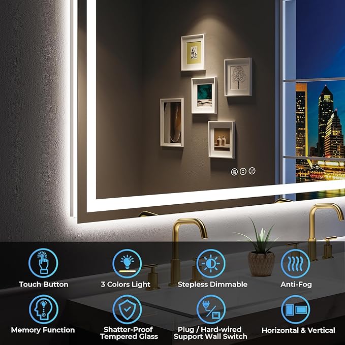 YEELAIT 55x36 Inch LED Bathroom Mirror with Lights Front and Backlit Lighted Vanity Mirror for Bathroom Wall with 3 Colors Dimmable Anti-Fog Memory Shatter-Proof IP54 Waterproof Horizontal/Vertical