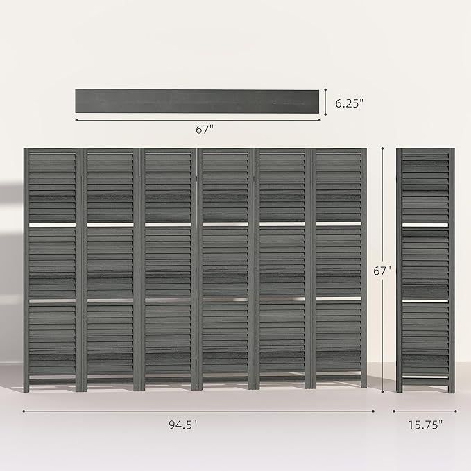 HOMCOM Room Divider, 6 Panel 67" Tall Wood Privacy Screen with 3 Display Shelves, and Folding Storage for Bedroom or Home Office, Gray