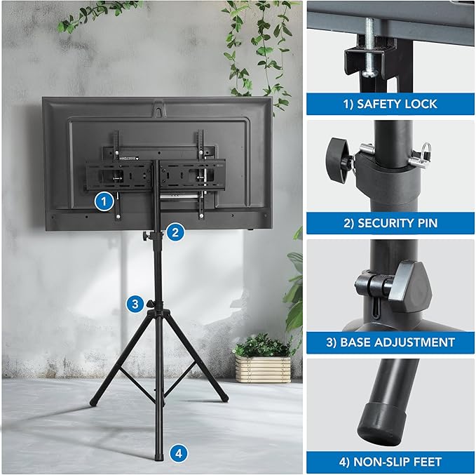 Mount-It! Tripod TV Stand – Portable TV Tripod for Flat Screens 32-70 Inch – Indoor/Outdoor Height Adjustable Stand, VESA 200x200 to 600x400, for LCD, LED, OLED, Curved TVs, Holds up to 77lbs