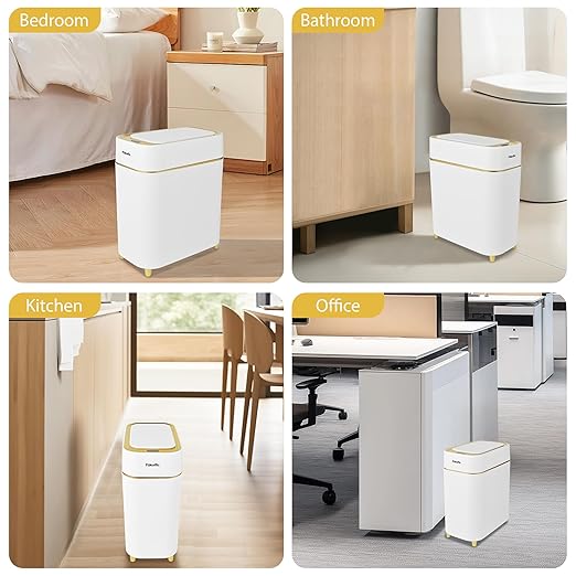 Pukomc 2.3 Gallon / 9L Automatic Adsorption Sensor Trash Can, White Gold Motion Sensor Garbage Bin with Suction, Slim Fashionable Design for Kitchen, Bathroom, Office & Small Space