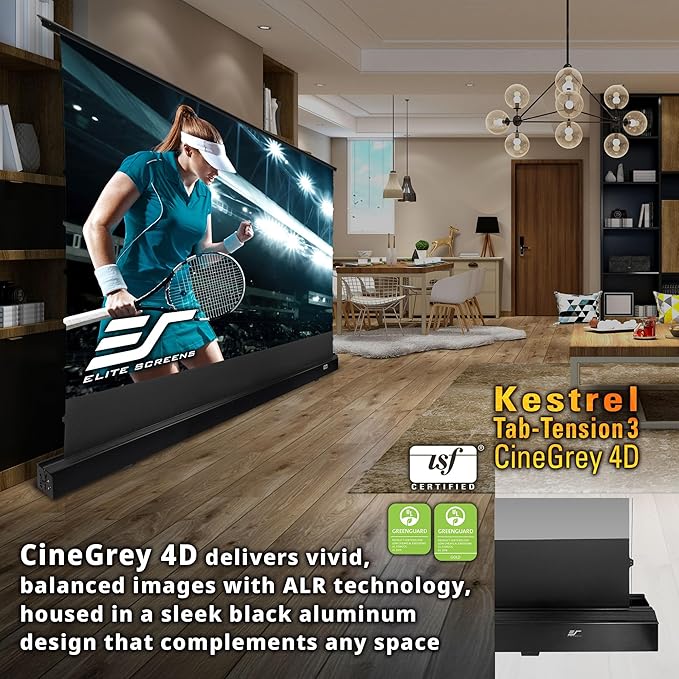 Elite Screens Kestrel Tab-Tension Pro CineGrey 4D, 135" Diag., 16:9 Aspect Ratio, ISF Certified 4K/8K Ultra HD Electric Floor-Rising Motorized Tab-Tensioned Front Projector Screen, FTE135H3-C4D