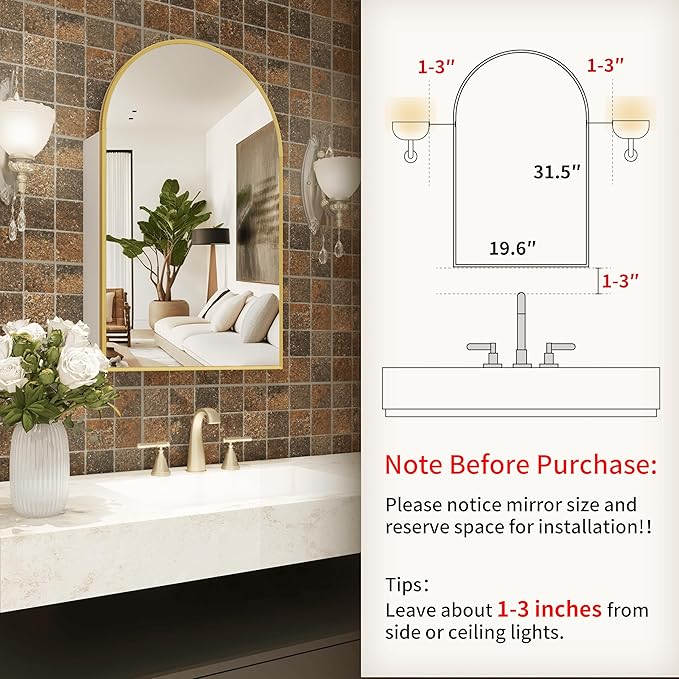 Gold Arched Medicine Cabinet with Mirror,20x32 Wall Mount Medicine Cabinet with Adjustable Glass Shelves,Surface Mount Only,No Recessed,Brushed Gold Medicine Cabinet with Mirror