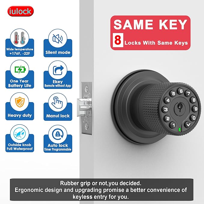 iulock Smart Door Knob with Keypad and Key,Keyless Entry Door Lock with Rubber Grip, Auto Lock,50 User Code,Waterproof, Easy to Install and Program for Bedroom(Matte Black Same Key 8 Pack)
