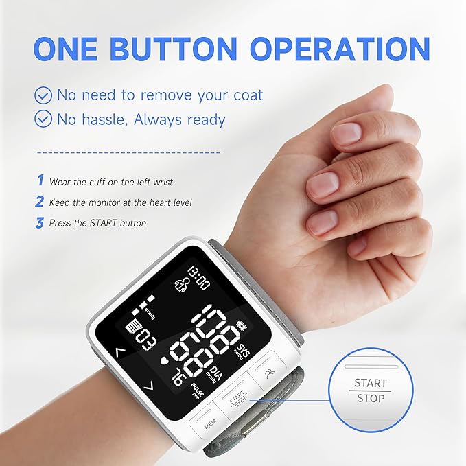 VivaGuard Wrist Blood Pressure Monitor for Home Use, LCD Backlit Dispaly BP Machine Automatic Digital Wrist Blood Pressure Cuff with Heartbeat Detector, 2 * 99 Memory, Carrying Case, 2 AAA Batteries