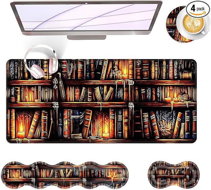 BFUKVOU Large Keyboard Mouse Pad Set, Extended Mouse Pad+Keyboard Wrist Rest Support, Memory Foam Ergonomic Easy Typing, 4Pcs (31.5×11.8 in) Desk Pad Set for Office Home,Vintage Bookshelf