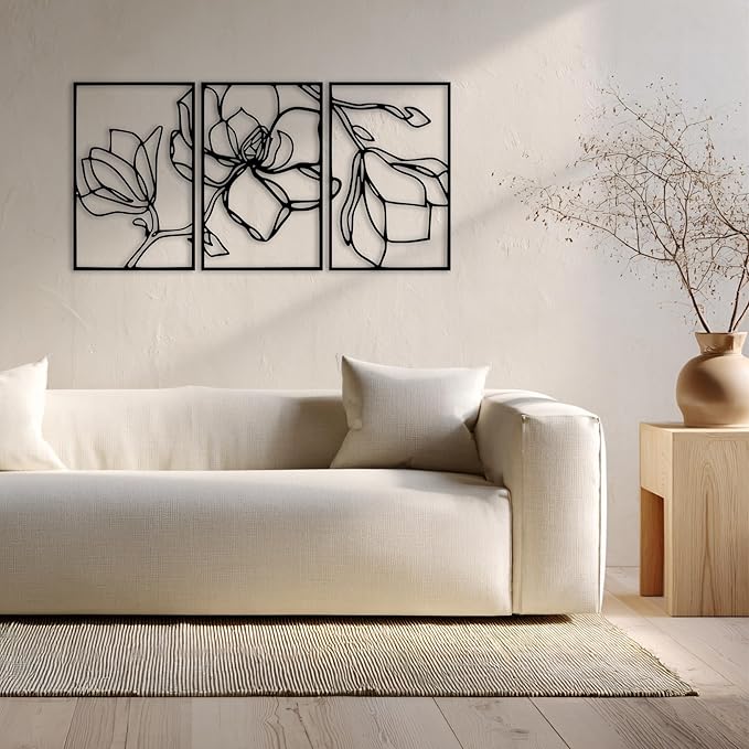 Wita Home Poppy Flower Metal Wall Art, 3-Panel Botanical Line Design, Modern Floral Wall Decor for Living Room, Bedroom, Office, Indoor & Outdoor Display (63×31 inches)