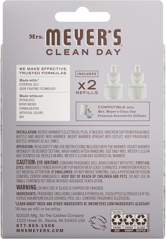 MRS. MEYER'S Clean Day Scented Oil Refills, Lavender, Contains 2 .67 fl oz Refills