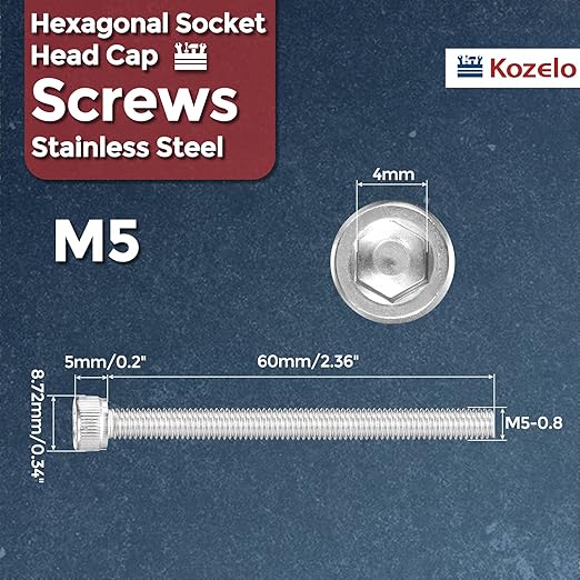 Kozelo 20pcs Socket Head Cap Screws - [M5-0.8 x 60mm] 304 Stainless Steel Allen Socket Drive for Electrical Motor 3D Printing Fan Engine Replacement Use, Silver