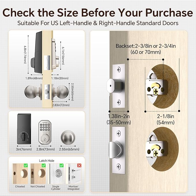 VCHOO Keyless Entry Door Lock Set WiFi Smart App Control Door Lock for Front Door Keypad Deadbolt with 2 Knobs Auto Lock One Time Codes Easy Install, Satin Nickel