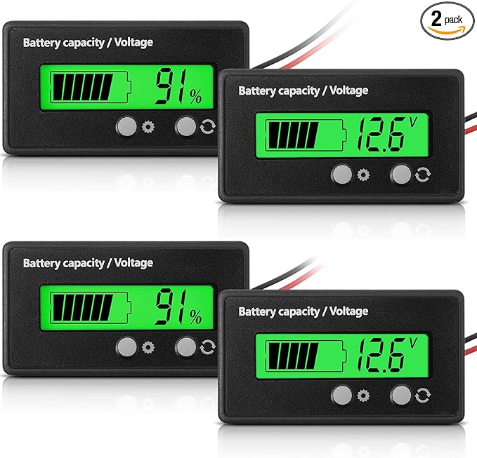 Frienda 2 Pieces Dc 12v 24v 36v 48v 60v 72v 84v Golf Cart Battery Meter with Alarm, Front Setting and Switch Key Battery Capacity Voltage Indicator Gauge Acid and Lithium Ion Indicator(Green)