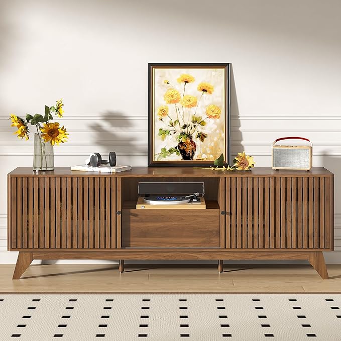 Oubayajia Mid Century Modern TV Stand for Televisions up to 70 Inches, with Sliding Doors and Storage, Curved Edge Television Stands, TV Consoles, Media Consoles for Living Room (Walnut, 70inch)