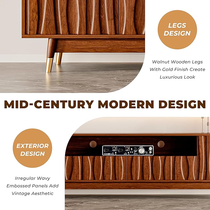 ATJafurn 66‘’ Brown Walnut Finish TV Stand for 48/55/65 Inch TVs, Mid Century Modern Wood Media Console Entertainment Center with 2 Drawers and 2 Cabinets for Living Room Bedroom