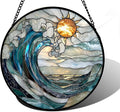 DASTOLL Stained Glass Window Hanging, Blue and White Waves Suncatcher Diamond Glass Panel Landscape Sun Catchers Decor for Birthday for Women, Men, Wife, Aunt, and Mom 9.8 in