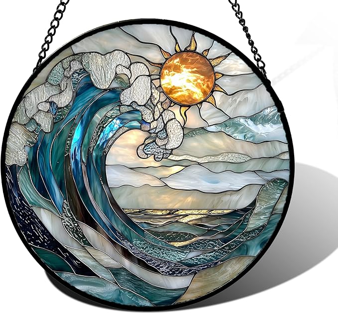 DASTOLL Stained Glass Window Hanging, Blue and White Waves Suncatcher Diamond Glass Panel Landscape Sun Catchers Decor for Birthday for Women, Men, Wife, Aunt, and Mom 9.8 in