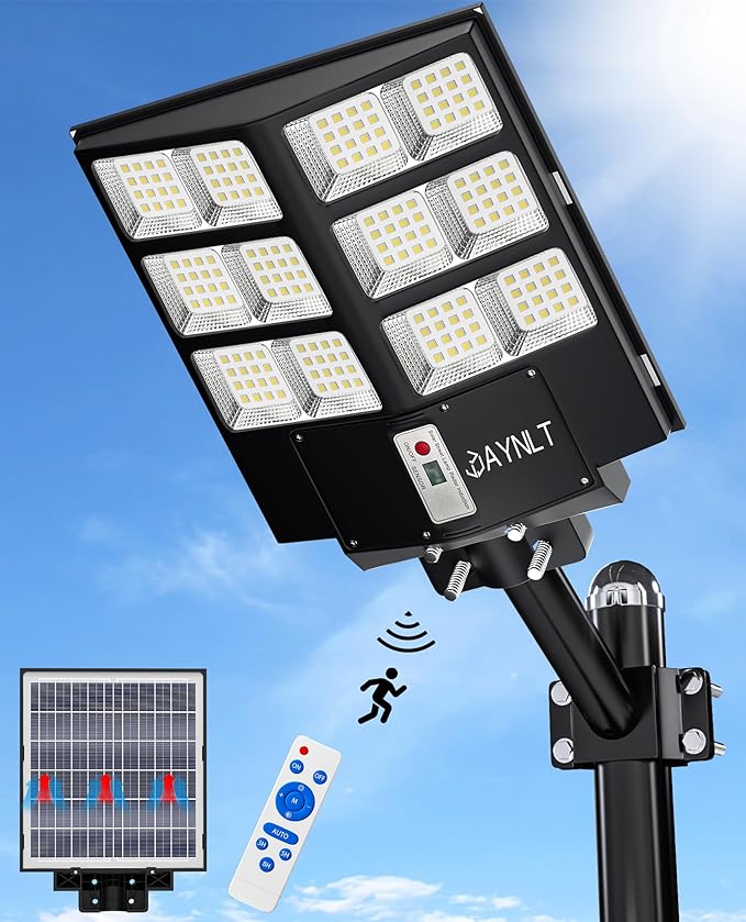 JAYNLT Y-2000W Solar Street Light, 200000LM 6500K Solar Flood Lights Outdoor Dusk to Dawn, 6500K IP67 Waterproof Parking lot Light Outdoor with Motion Sensor and Remote Control for Garage, Road